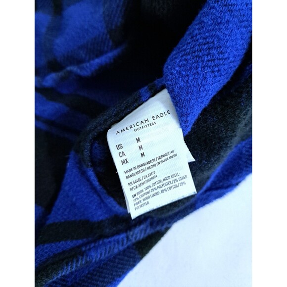 American Eagle Flannel Hoodie Mens Medium Blue Black Plaid Heavyweight Vintage - Picture 7 of 10